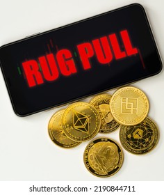 Cryptocurrency Rugpull on Mobile screen warning for financial internet crime online concept. - Shutterstock ID 2190844711