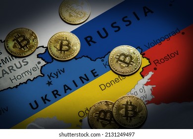 Cryptocurrency standing on the map of Russia and Ukraine. Concept of precaution against financial sanctions