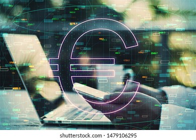 Cryptocurrency and trade concept with big glowing euro sign at abstract number codes background and man using mobile phone and laptop. Double exposure.