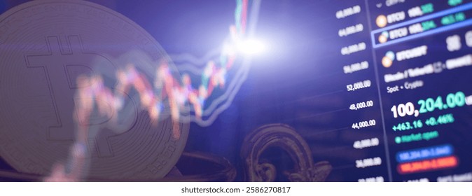 Cryptocurrency trading interface: Bitcoin symbol and financial market analysis in real time