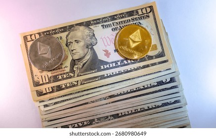 Cryptocurrency And Us Dollar Bills Stack With Ethereum Coin On Top