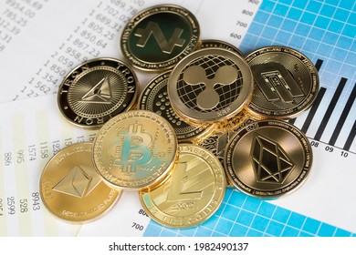 Cryptocurrencys new digital money, Bitcoin, litecoin, etherium coins close up - Shutterstock ID 1982490137