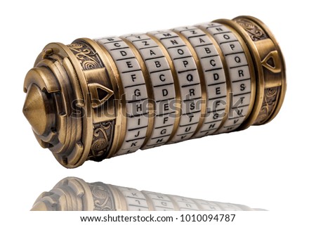 Cryptography codes and ciphers , top secret message and keyword puzzle concept with a metal combination cryptex isolated on white with a clipping path included