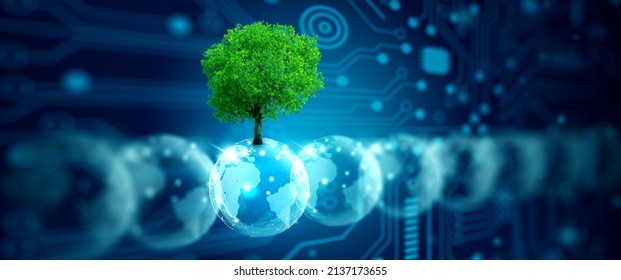 Crystal Ball With Tree Against Nature With Digital Convergence And Technology Background. Ecology, Energy, Environment, Green Technology, And IT Ethics Concept.