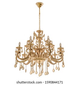 Crystal Chandelier In Gold Color On A White Isolated Background