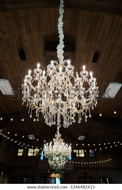 Crystal Chandelier Hanging Ceiling Wedding Event Stock Photo