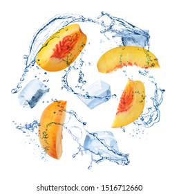 Crystal clear ice cubes, peach and splashing water on white background