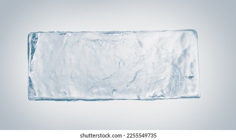 Crystal clear natural ice block in light blue tones, levitate on white background.