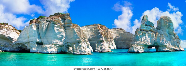 Crystal clear sea of Greek islands. Milos, boat trip in Kleftiko bay. Cyclades