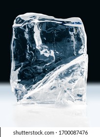 Crystal Clear, Textured, Natural Ice Block, On  Black Background. Clipping Path Included.