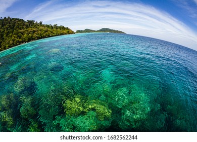 Crystal clear transparent waters in paradisiacal Ko Rok island  in the Andaman coast, Thailand. Fish eye shot 