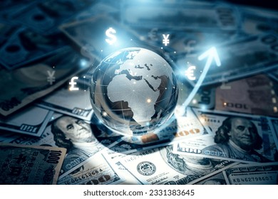Crystal globe on many currency, World bank, Money transfers and currency exchanges between countries of the world.
