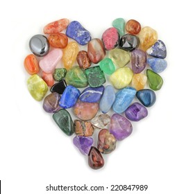  Crystal Heart  -  A Love Heart Formed From Tumbled Precious Healing Stones On A White Background 