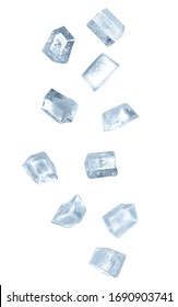 Crystal Ice Cubes Falling On White Background