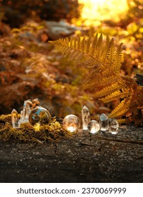 Crystal minerals in autumn forest, abstract natural background. clear quartz gemstones for Magic Crystal Ritual, Witchcraft. spiritual esoteric practice for relax, harmony. healing stone therapy
