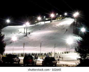 Crystal Mountain Ski Resort In Michigan On A Cold Winter Night.