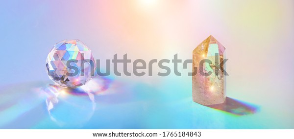 Crystal quartz tower and prism on holographic\
background. spiritual healing crystal practice, Protect from\
negative energy, uplifting positive spirit, harmony, calming,\
productive the mind. Feng\
Shui