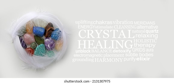 Crystal Therapy Practitioner  Banner Template - Healing Stones Surrounded By Delicate White Feathers Against A Nearly White Background With A Relevant White  Word Cloud On Side 
