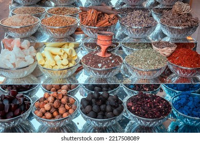 Crystal Vases With Traditional Spices, Minerals And Dried Herbs For A Healthy Diet