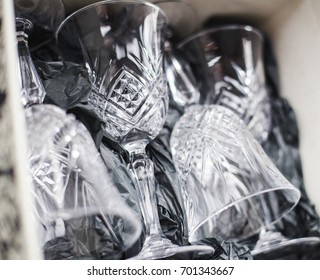 Crystal Wine Glasses In A Gift Box Wrapped In Tissue