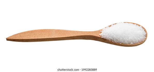 Crystalline Fructose In Wooden Spoon Isolated On White Background