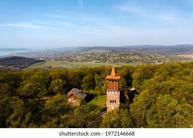 Csere hill lookout tower in Hungary next to lake balaton. Scenic viewpoint open on Alsoors, Balatonalamadi and cities The buildings was renewed in 2001 built in 1935