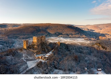 Csesznek, Hungary - Aerial View Of The Castle Of Csesznek, Which Lies In The Bakony Between Győr And Zirc In The Village Of Csesznek. The Castle Was Constructed After The Mongol Invasion Of Europe.