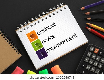 CSI - Continual Service Improvement acronym on notepad, business concept background