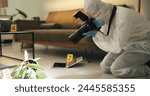 Csi, photographer and evidence at crime scene for investigation of house burglary or murder analysis. Forensic, person and digital pictures in hazmat for observation, examination and case research