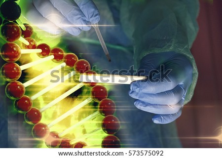 CSI scene with pipette and rapid test of DNA helix, crime scene investigation concept with doctor 