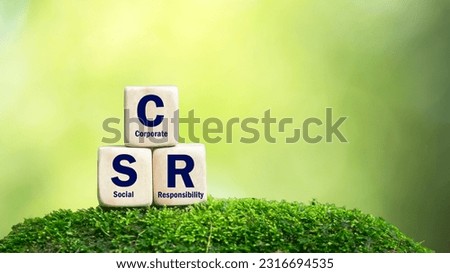 CSR Banner Business and Corporate Concept, Corporate Social Responsibility and Giving Back to Community, CSR icon on wooden block green background