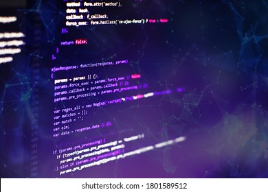 CSS, JavaScript and HTML usage. Monitor closeup of function source code. Abstract IT technology background. Software source code.