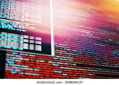 CSS, JavaScript and HTML usage. Monitor closeup of function source code. Abstract IT technology background. Software source code.