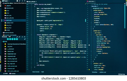 Css and php code on dark blue background in the code editor, close up. Splitting of php and css code, front view
