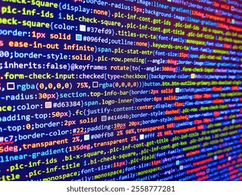 Css with web development. Blue banner with php language code on development monitor. Abstract seamless zigzag pattern with waves in white, green, blue, lilac tones. Blue unique background.