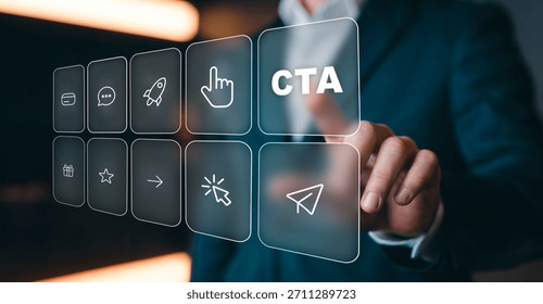 CTA call to action concept. User engagement, website interaction, conversion optimization and digital marketing strategy.