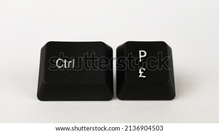 Ctrl p shortcut text created with keyboard keys isolated on white bckground, computer terminology, white Ctrl paste letters on black keyboard, top view