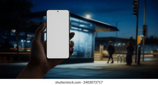 CU Caucasian female using her phone in the street at night near bus stop. Blank phone screen ticket, maps, travel, taxi application mockup - Powered by Shutterstock