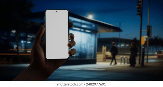 CU Caucasian male using his phone in the street at night near bus stop. Blank phone screen ticket, maps, travel, taxi application mockup - Powered by Shutterstock