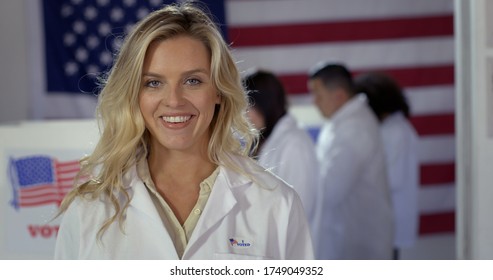 CU Young Blonde Caucasian Woman In White Lab Coat With 