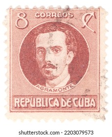 CUBA - 1917: An 8 Centavos Red Brown Postage Stamp Showing Portrait Of Ignacio Agramonte Y Loynaz. Cuban Revolutionary, Who Played An Important Part In The Ten Years' War