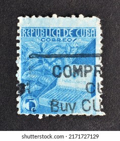 Cuba - circa 1939 : Cancelled postage stamp printed by Cuba, that shows Tobacco Plant, Habana Cigars, circa 1939.