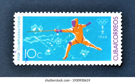 Cuba - Circa 1964 : Cancelled Postage Stamp Printed By Cuba, That Shows Fencing, And Promotes Summer Olympics In Tokyo, Circa 1964.