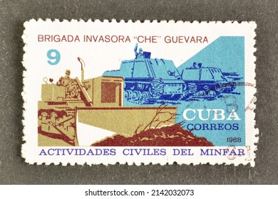Cuba - circa 1968 : Cancelled postage stamp printed by Cuba, that shows Road, Civil Activities of Cuban Army, Che Guevara, circa 1968.