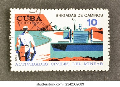 Cuba - circa 1968 : Cancelled postage stamp printed by Cuba, that shows Road, Civil Activities of Cuban Army, circa 1968.