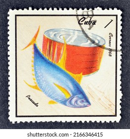 Cuba - circa 1968 : Cancelled postage stamp printed by Cuba, that shows Yellowfin Tuna (Thunnus albacares), Fish Can, circa 1968.