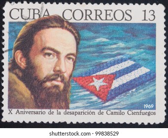 CUBA -CIRCA 1969: A stamp printed in the Cuba shows portrait Camilo Cienfuegos, 10 years of the Cuban revolution, circa 1969
