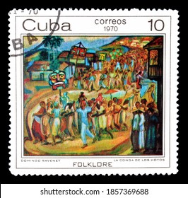 CUBA - CIRCA 1970 : Cancelled Postage Stamp Printed By Cuba, That Shows Conga Dance In Los Hoyos By Domingo Ravenet, Circa 1970.