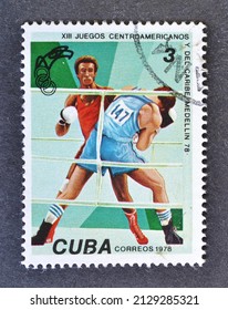 Cuba - Circa 1978 : Cancelled Postage Stamp Printed By Cuba, That Show Boxing, 13th Central American And Caribbean Games, Medellin, Circa 1978.