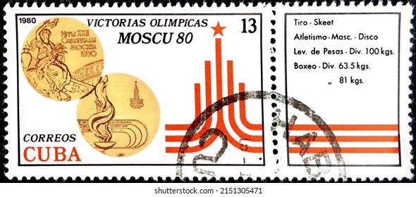 Cuba, Circa 1980: Postage Stamp From The Series 1980 Summer Olympic Games - Moscow (Medals), Shooting, Disco (men), Weightlifting, Boxing.